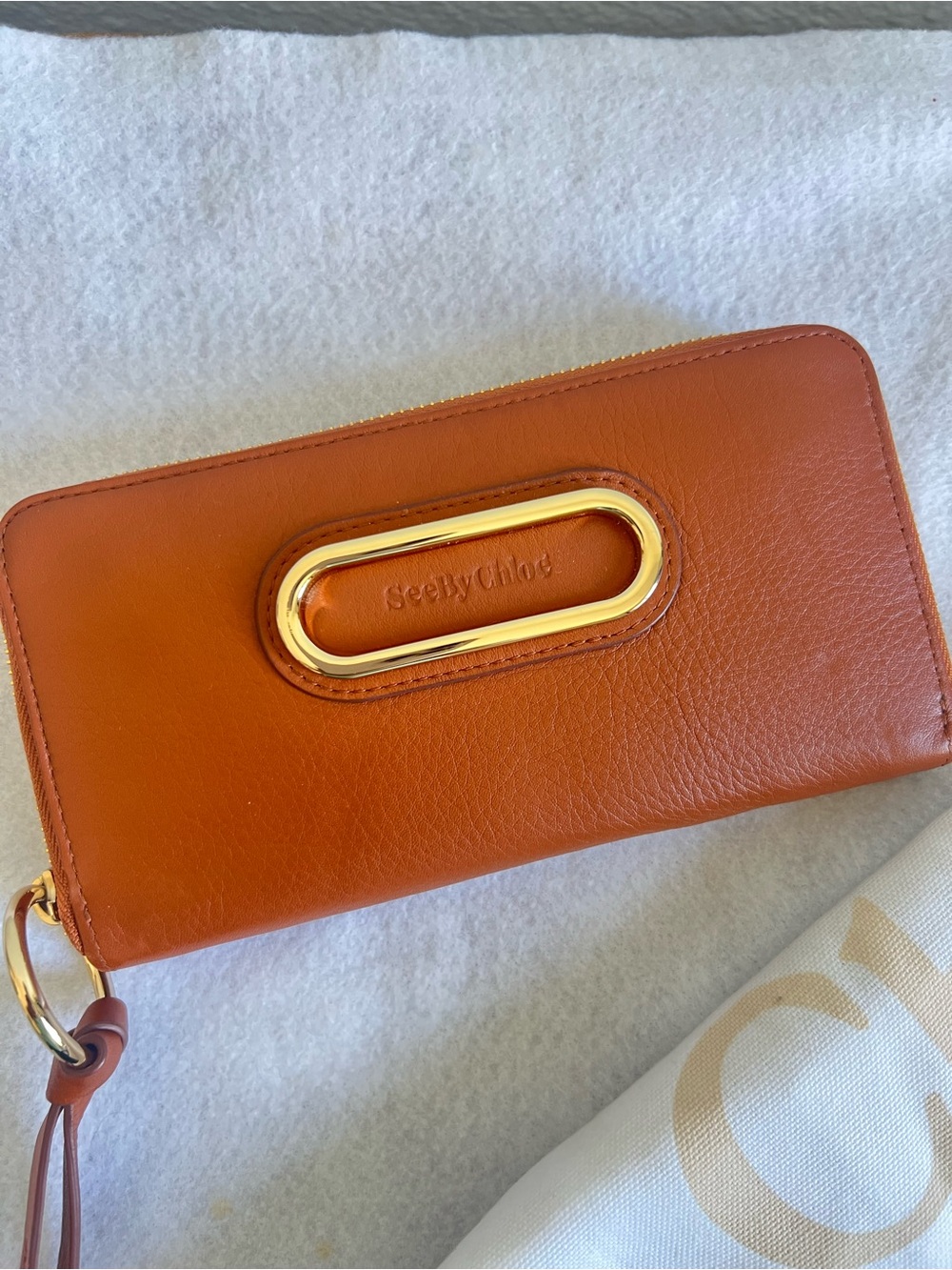 See By Chloe Saddle Brown Leather Zip-Around Wallet with Gold Accent